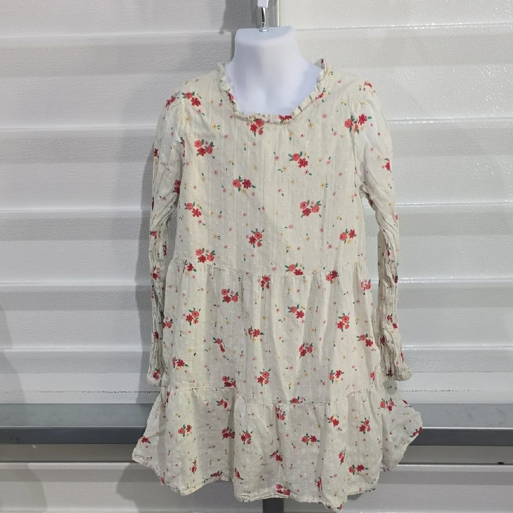 Cat & Jack Cream Red Floral Bishop Long‎  Sleeve Dress Size 7/8